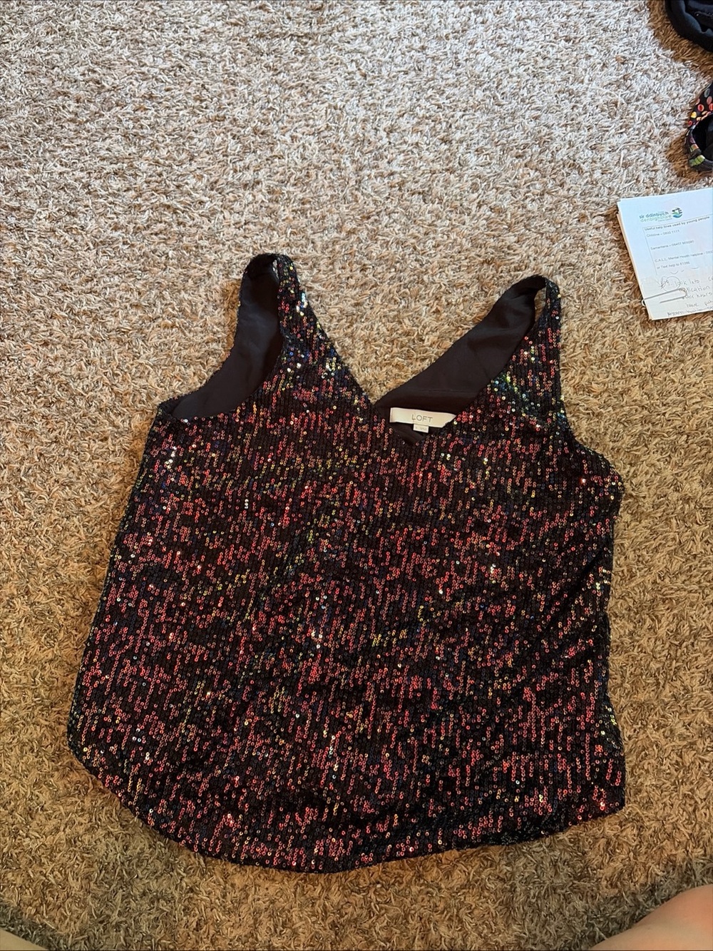 LOFT Black Sequin V-Neck Camisole with Multicolor Accents